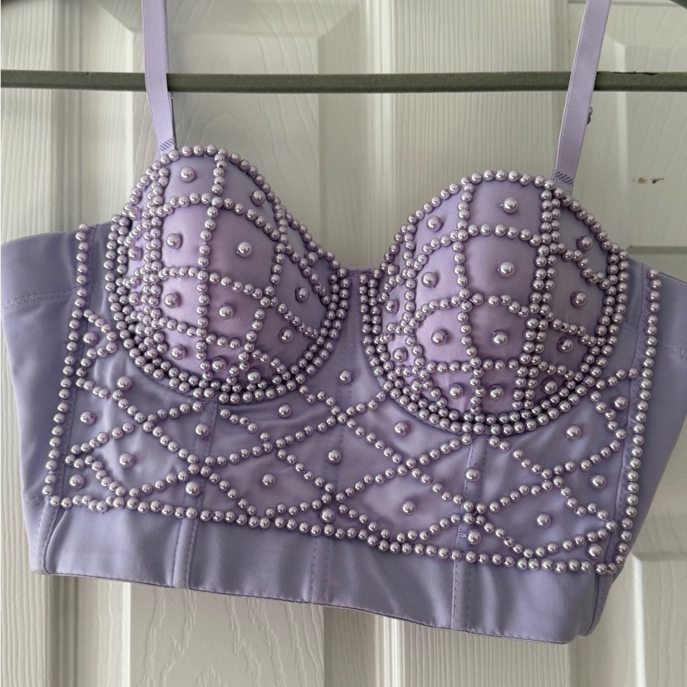 SHEIN Lavender Pearl-Studded Crop Top